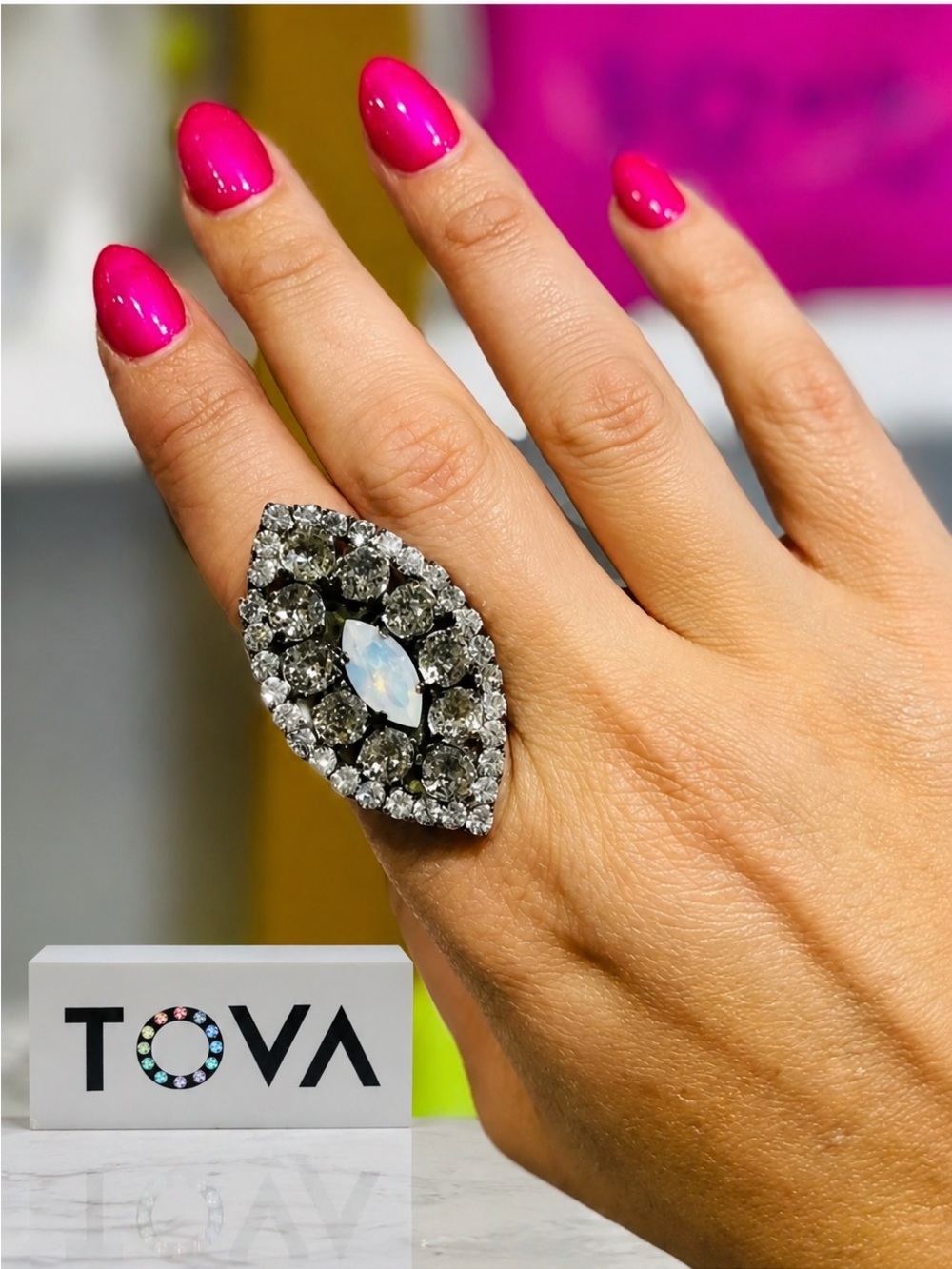 New Tova Evil eye Crystal Ring silver crystal with opal adjustable ring